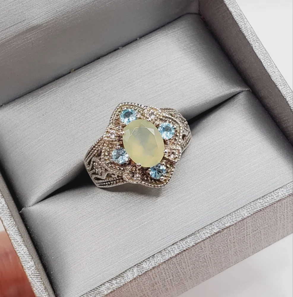 Apatite - White Topaz & Chalcedony 925 Sterling Silver Milgrain Design Ring